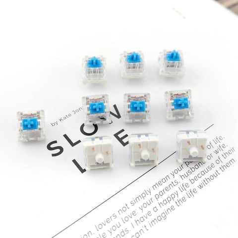 10-Pack Blue Switch Replacement 3-Pin Mechanical Keyboard Switches, Clicky Feedback, Clear Housing, Dustproof, on white background