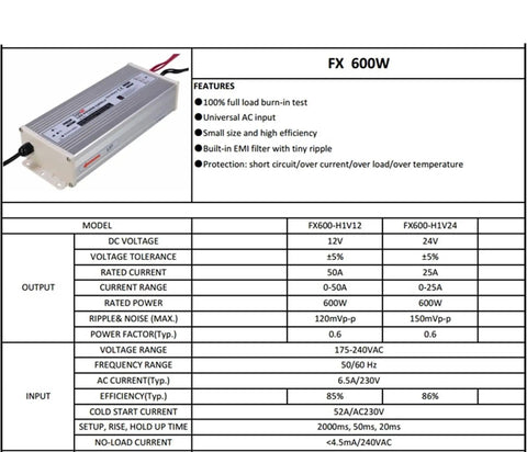 Beefy 600W 12V LED Power Supply Driver With 50A Switch-Mode Output, 220V-230V AC Input, Rainproof IP Rated, Industrial Grade LED Lighting Transformer For DIY And Commercial Projects, shown with spec table