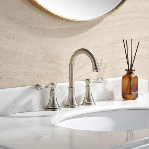 2 Handle 8 Inch Widespread Bathroom Sink Faucet Brushed Nickel With Pop Up Drain High Arc Modern Vanity Faucet For 3 Holes 360 Degree Swivel Spout Solid Brass Lead Free Waterway CUPC NSF61 CEC Certified installed on marble vanity