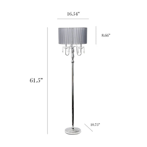 Romantic Cascading Crystal Floor Lamp With Sheer Drum Shade In Chrome Finish, White, Standing 61.5 Inches Tall, front view with dimensions.