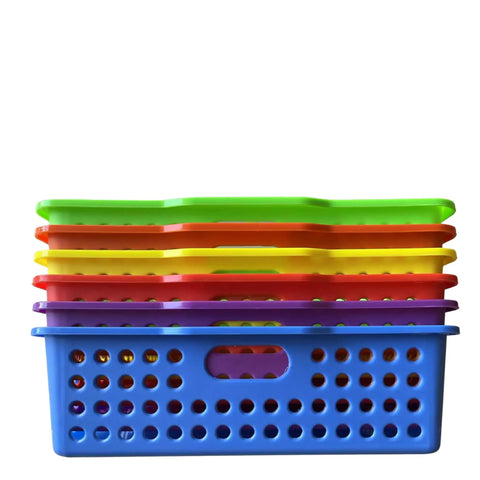 Six Pack Straight Up Durable Plastic Classroom Storage Bins And Turn In Trays Total Game Changer For Teachers To Keep Papers Neat And Tidy Rainbow Colors Measure 13 Inches Long, stacked colorful trays.