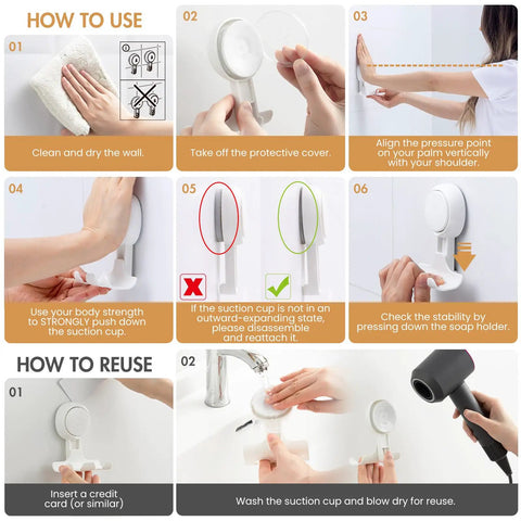 Installation and reuse steps for Two Pack Shower Razor Holder With Strong Suction Cup Hooks, showing cleaning, mounting, and checking stability.