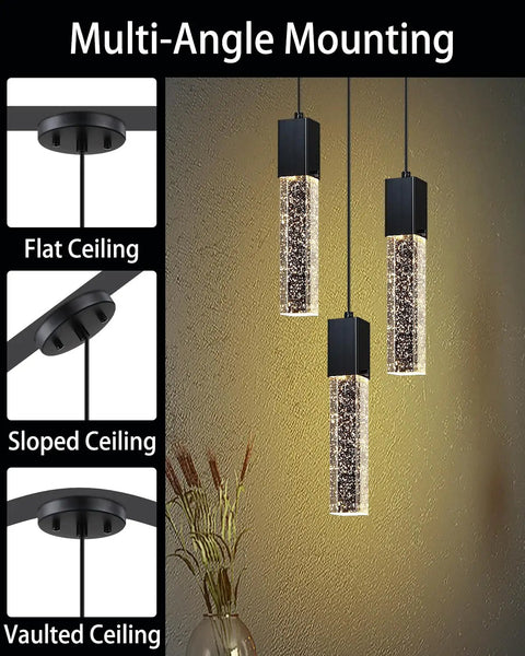 Mini Integrated Hanging Crystal Pendant Lights For Kitchen Island Black 3 Pack Modern Yet Simple Ceiling Light Fixture Dimmable
