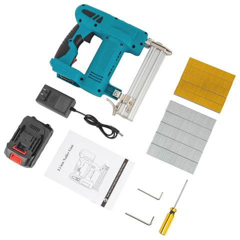 Top Shelf Cordless Brad Nailer 100W Copper Motor Shoots Smooth At 80 Nails Per Minute Rust Resistant Tip with charger and accessories.