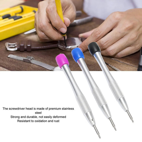 Precision Triangular Tip Watch Repair Screwdriver Set For 3235 Movements with ergonomic aluminum handle in use