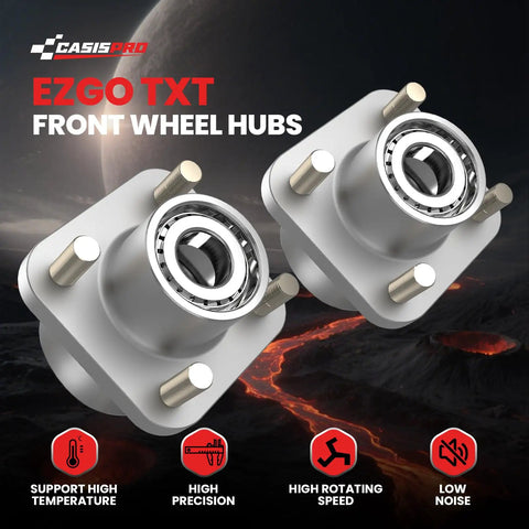 Front Wheel Hub Assembly For TXT Medalist Golf Cart Models From 2001.5 Through 2013 With Bearing Oil Seal Dust Cover This OEM 70895G01 Two Pack Kit Delivers Easy Install And Reliable Direct Fit Performance image showing EZGO TXT front wheel hubs with high precision and low noise capability on a dark textured background.