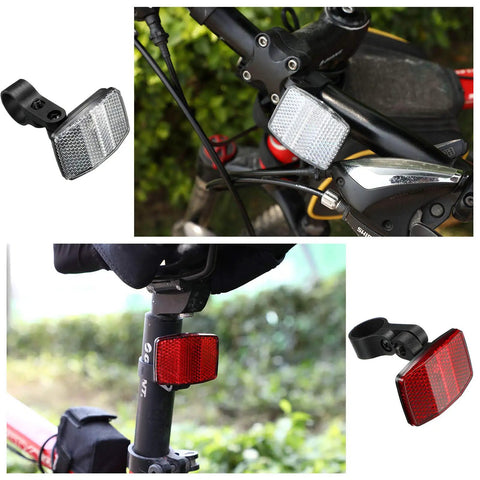 4 Pack Bike Spoke Reflectors for Front and Rear, showing red rear and white front reflectors mounted on bike handlebar and seatpost