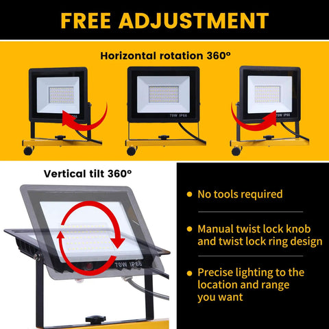 Ultra Bright 30000 Lumen LED Work Light With Stand And 3 Adjustable Heads Foldable Tripod Waterproof Lamp rotation diagram