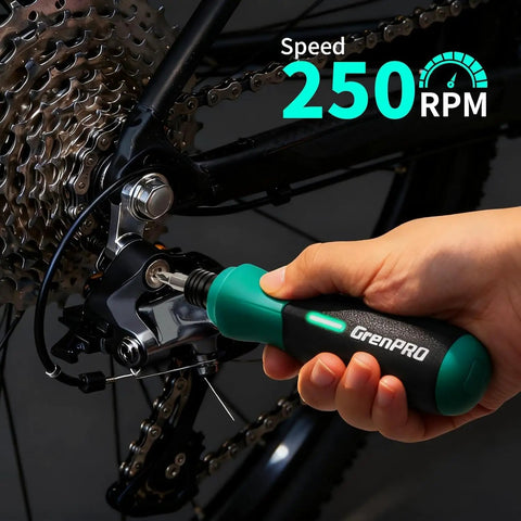Heavy Duty Cordless Electric Screwdriver Kit With 51 Magnetic Bits And Integrated Led Light, Rechargeable Power Tool Built Tough For Plug And Play Furniture Assembly And No Sweat Home Projects in use on a bicycle.