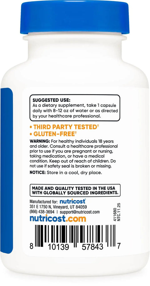 Rear label of Lithium Orotate Supplement 1000mcg Per Serving 120 Capsules Vegan Gluten Free GMO Free Natural Trace Mineral Support