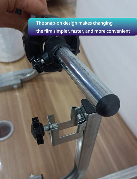 Heavy Duty All Metal Roll Holder Dispenser For Bubble Wrap Stretch Film and Foam Commercial Packing Stand showing snap-on design details.