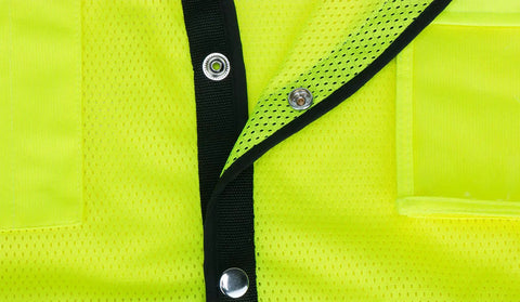 Heavy Duty High Visibility Safety Vest With Reflective Mesh And Multi Pockets For Surveyors Built Different For All Day Grind No Sweat Design In Bright Neon Yellow True Plus Size Fit close-up of fabric and snaps