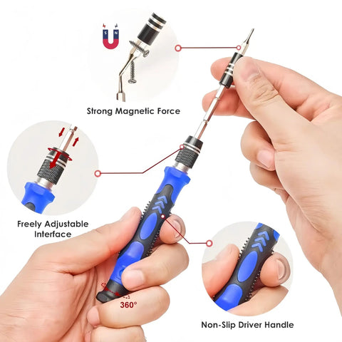 Hands holding 115 In 1 Precision Screwdriver Set Magnetic Repair Kit for MacBook Phone PC Watch Game Console and Electronics.