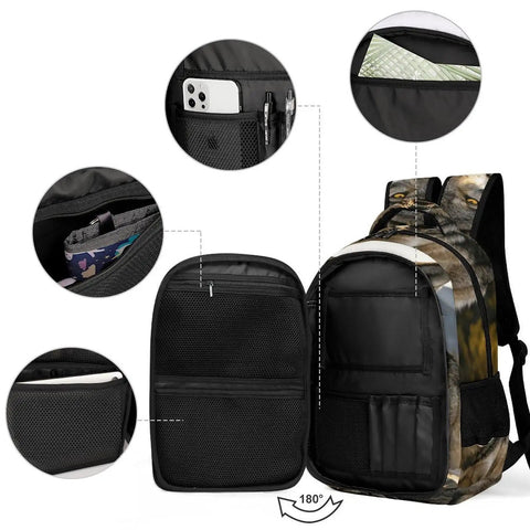 Rock Mountain Grey Wolf Print Unisex Backpack big capacity compartments and internal pockets for everyday carry and travel.