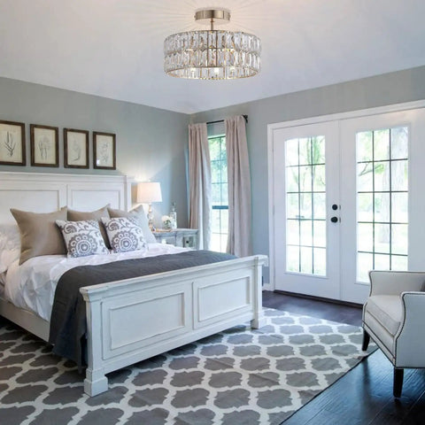 Lit Rose Gold Semi Flush Mount Crystal Ceiling Light With 68 K5 Crystals, Small Modern Chandelier Fixture in bedroom setting