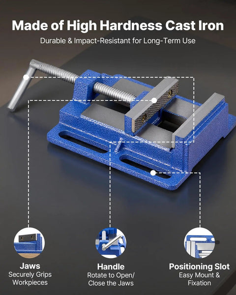 4 Inch Jaw Width Drill Press Vise With Slotted Base Portable Bench Vise Built Tough Cast Iron Clamp For Woodworking Metalworking Drilling And Cutting Secure Workholding For Precise Drills, showcasing jaws, handle, and positioning slot features.