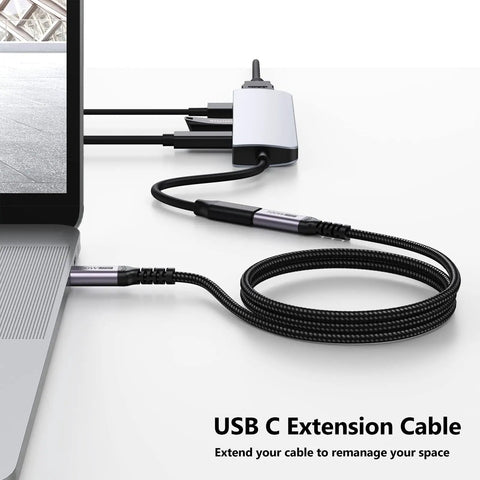 Straight Up Go Fast USB C Extension Cable 6.6 Feet Long connected to laptop for charging and data transfer.