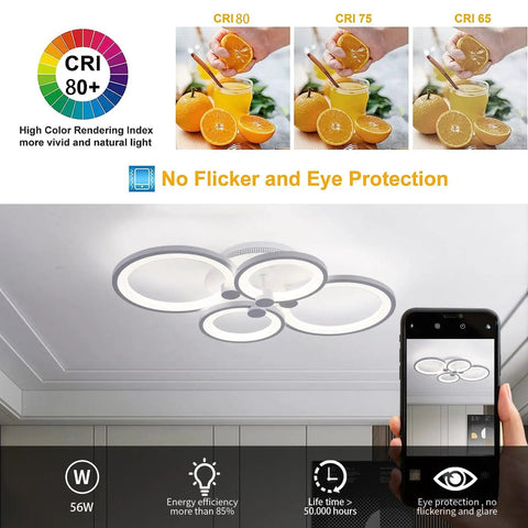 Modern Metal And Acrylic LED Flush Mount Ceiling Light With 56W Power, 3000K To 6500K CCT, 24 Inch Diameter in room setting