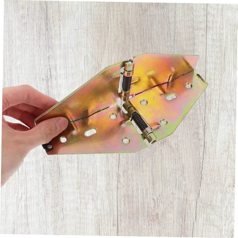 Quick Swap Folding Table Leaf Hinges And Drop Leaf Hardware for desks, gold finish hinge kit held in hand.