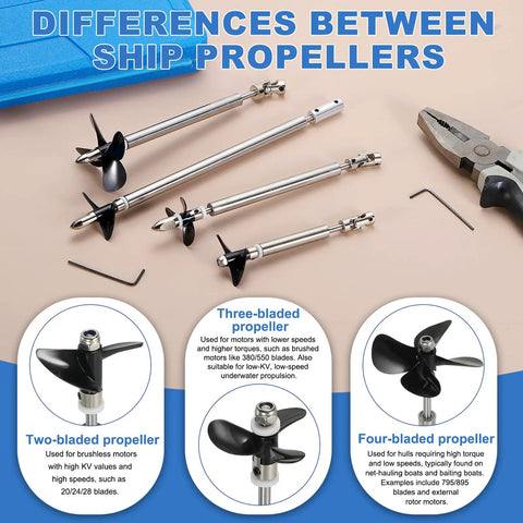 Comparison of two, three, and four-bladed ship propellers with stainless steel drive shafts for RC boats on display.