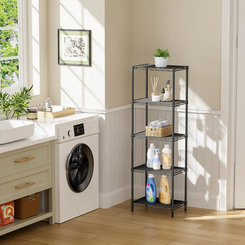 Sturdy Heavy Duty Wire Shelving Units Adjustable Metal Storage Rack With Reinforced Grid And No Sweat Setup for laundry room with cleaning supplies.