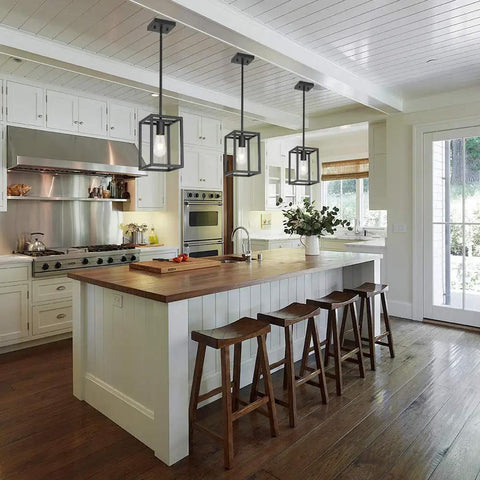 Industrial Black Metal Lantern Pendant Light 1 Light For Kitchen Island Dining Room Bar Cafe Adjustable Hanging Ceiling Fixture Dimmable Easy Install Slick Modern Vibe Sloped Ceiling Compatible over kitchen island