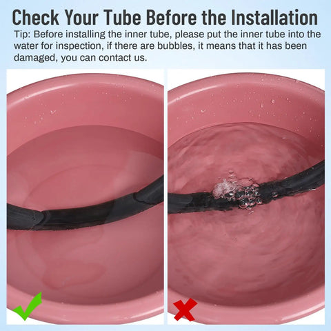 Image showing two buckets, one with a deflated tube and one with bubbles, illustrating how to inspect Two Pack 700C Bike Tubes With FV48mm Presta Valve Fits 700x35C To 700x43C Tires Durable Butyl Inner Tubes For Road Bikes Works With 622mm Wheels Easy Seal Reliable Flat Prevention 2 Tubes Included.