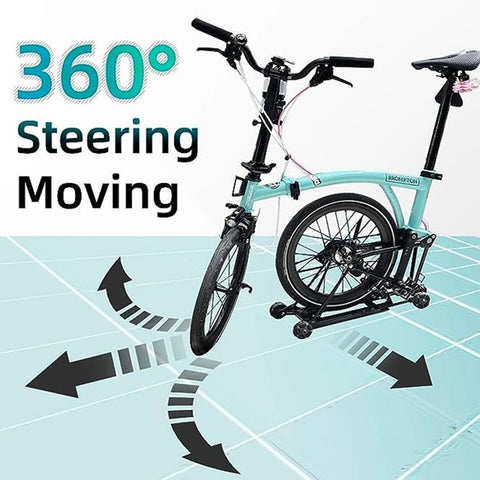 Foldable bike demonstrating 360-degree steering on tiled floor