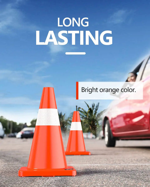 12 Pack 18 Inch Traffic Safety Cones With Reflective Collars, Durable PVC Construction, set on a road with cars passing by.