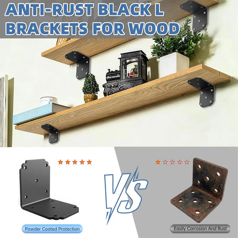 Badass Heavy Duty L Bracket 90 Degree Beam Connector Carbon Steel Angle Support For Pergola Deck Framing Wood Posts Rust Proof Reinforcement Hardware 4X4 Compatible Black anti-rust brackets supporting wooden shelves.