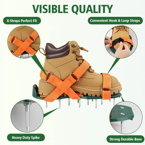 Adjustable Lawn Aerator Shoes with heavy duty spikes, secure hook loop straps for comfortable fit, visible quality features