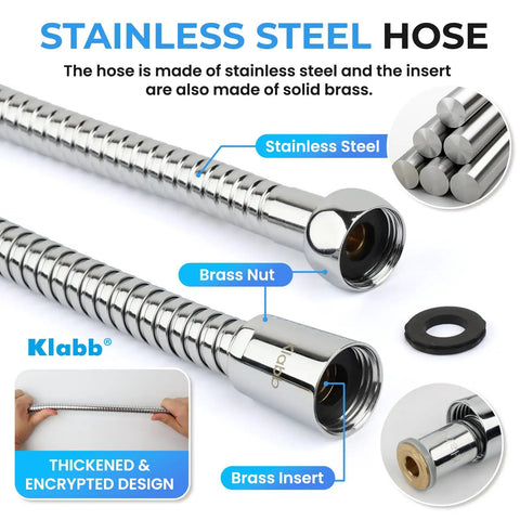 Stainless steel hose with brass nut and insert from Adjustable Handheld Shower Head Holder With 79 Inch Hose Premium ABS Bracket 360 Degree Rotatable Brass Ball Joint Teflon Tape Included Easy Install Leak Free Universal Fit For Any Standard Shower Thread.