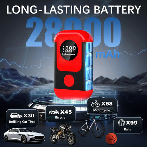 Red All In One Portable Tire Inflator And Jump Starter Kit With LED Light, Auto Stop, Cordless Air Pump 28000mAh Battery