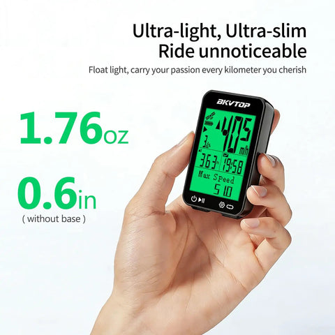 Hand holding GPS Bike Computer With Wireless Cycling Data, 2.4 Inch LCD Speedometer, showcasing ultra-light and slim design