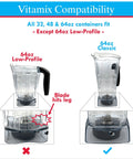 Blend Blaster Blender Attachment; Vitamix compatibility chart shows 64oz Classic fits, 64oz Low-Profile does not.