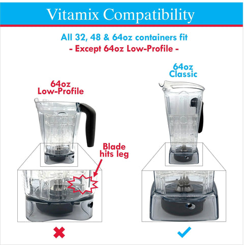 Blend Blaster Blender Attachment; Vitamix compatibility chart shows 64oz Classic fits, 64oz Low-Profile does not.