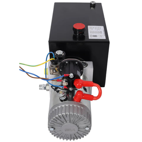 Heavy Duty 12V DC Hydraulic Power Unit With 8 Quart Steel Tank For Dump Trailer And Lift Gate, showing motor and tank assembly.