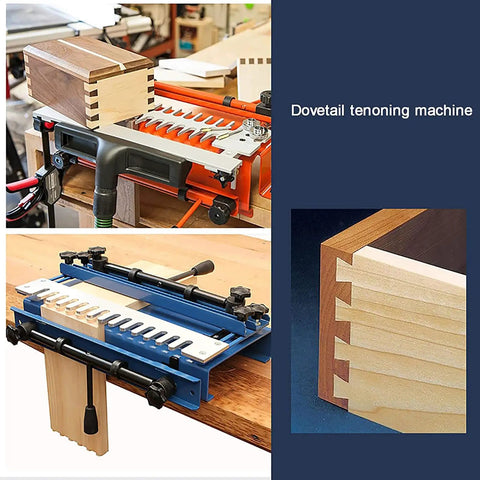 Pro Level 12 Inch Wood Dovetail Jig With Half Inch Mold on workbench, showcasing box assembly and precise cuts for woodworking.
