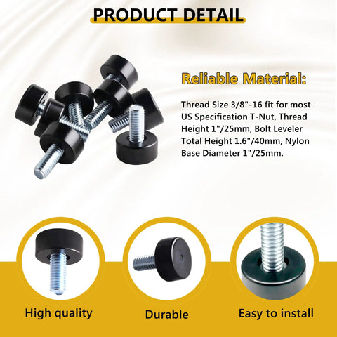 8 Adjustable Furniture Levelers With 3/8 16 Unc Threads for Tables Chairs Cabinets Shelves and Sofas featuring Heavy Duty Nylon Floor Protectors.