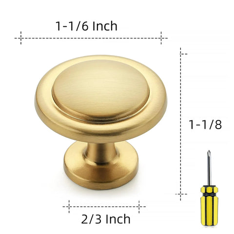 Slick Brushed Brass Solid Kitchen Cabinet Pulls And Round Drawer Knobs 15 Pack Heavy Duty Gold Hardware shown with dimensions and screwdriver.