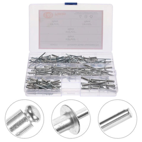 140 Piece Aluminum Alloy Blind Rivets Kit With Dome Head Pop Rivets For Metal Fastening, open box display with close-up details