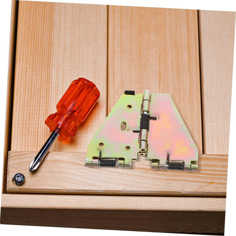 Quick Swap Folding Table Leaf Hinges And Drop Leaf Hardware for installation on wooden surface, seen with a screwdriver and bracket.