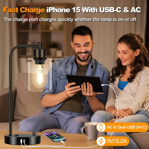 Industrial Table Lamp With USB A And C Ports And Outlet Fully Stepless Dimmable Modern Nightstand Lamp With Dope Glass Shade