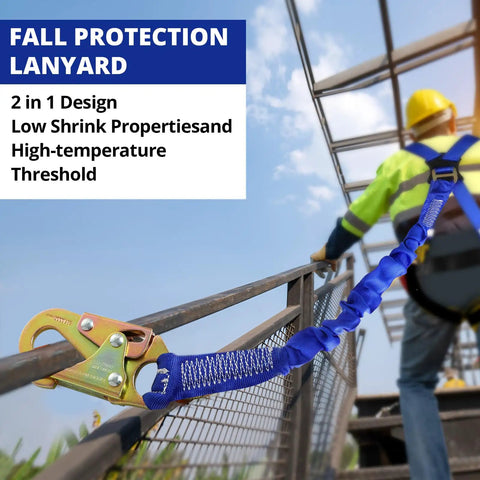 Heavy Duty Full Body Fall Arrest Safety Harness With Six Foot Shock Absorbing Lanyard Ansi Certified used on a construction site.
