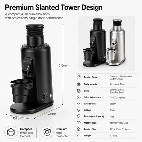 Stepless Burr Coffee Grinder With 80Mm Flat Burrs And 550W Brushless Motor black aluminum body and single-dose design.