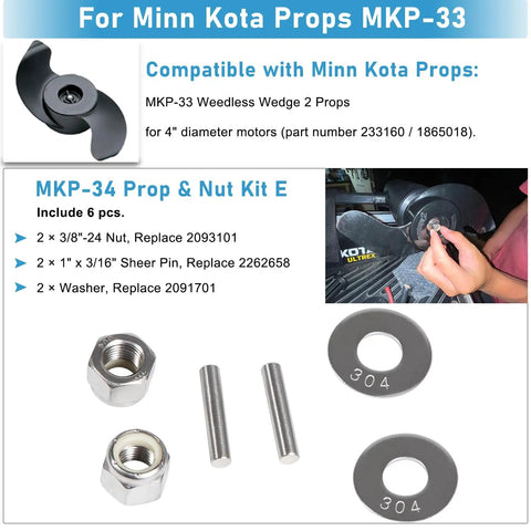 Prop Nut Kit E MKP-34 for Minn Kota trolling motor with nuts, shear pins, and washers for quick prop replacement.