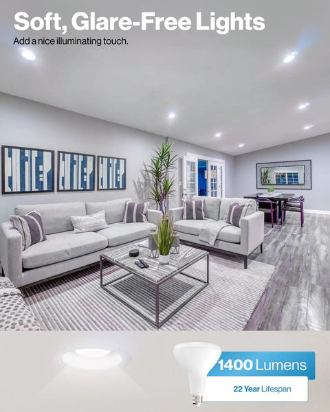 Brighten Any Room With Dimmable BR40 LED 1400 Lumens light in modern living room, 22 year lifespan image, soft and glare-free lighting