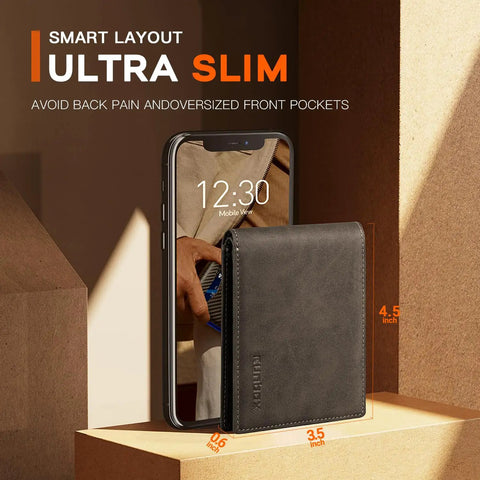Mens Slim Leather Bifold Wallet With RFID Blocking Minimalist Front Pocket Design Gift Box Included Lifetime Quality Guarantee Durable Card Slots Everyday Carry displayed next to a smartphone.