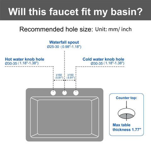 Diagram showing installation dimensions for Matte Black Waterfall Tub Filler Deck Mount With Three Hole Roman Tub Faucet And Two Square Handles Valve Included And cUPC Water Supply Lines All Solid Brass Construction