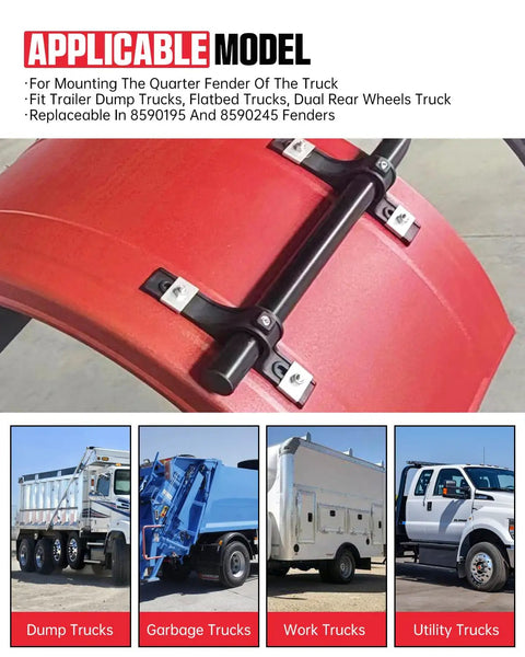4 Piece Heavy Duty Fender Brackets Assembly Oem 8591005 Truck Hanger Mount Built For Freightliner Kenworth Peterbilt Dump Trailers And Flatbeds Rugged Poly Splash Guard Kit For One Side shown with mounting setup on truck fender.
